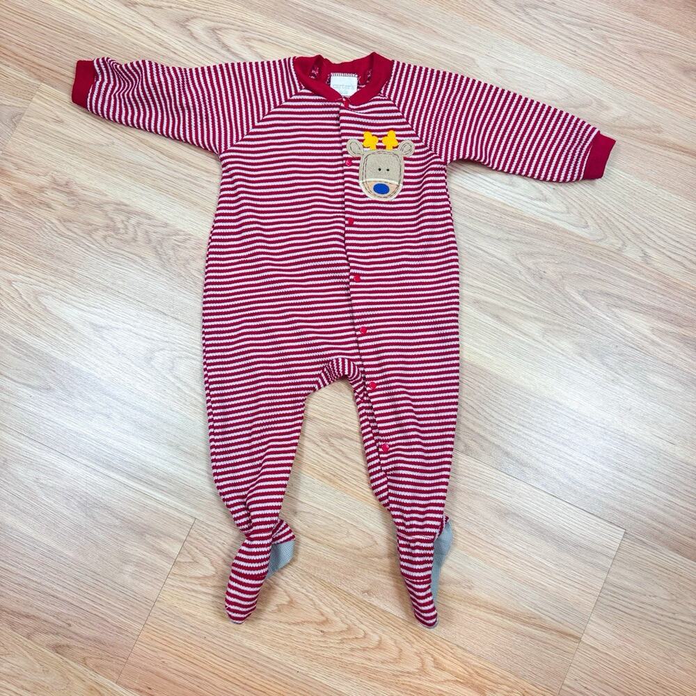 Vintage Baby 18M Footed Pajama Christmas Reindeer Stripe Red White Carters
